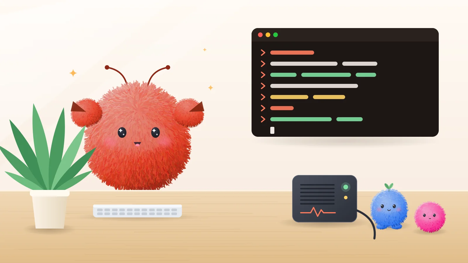 A fuzzy red creature with two little claws sits beside a small home server, a terminal window open above it, while fuzzy friends look on.