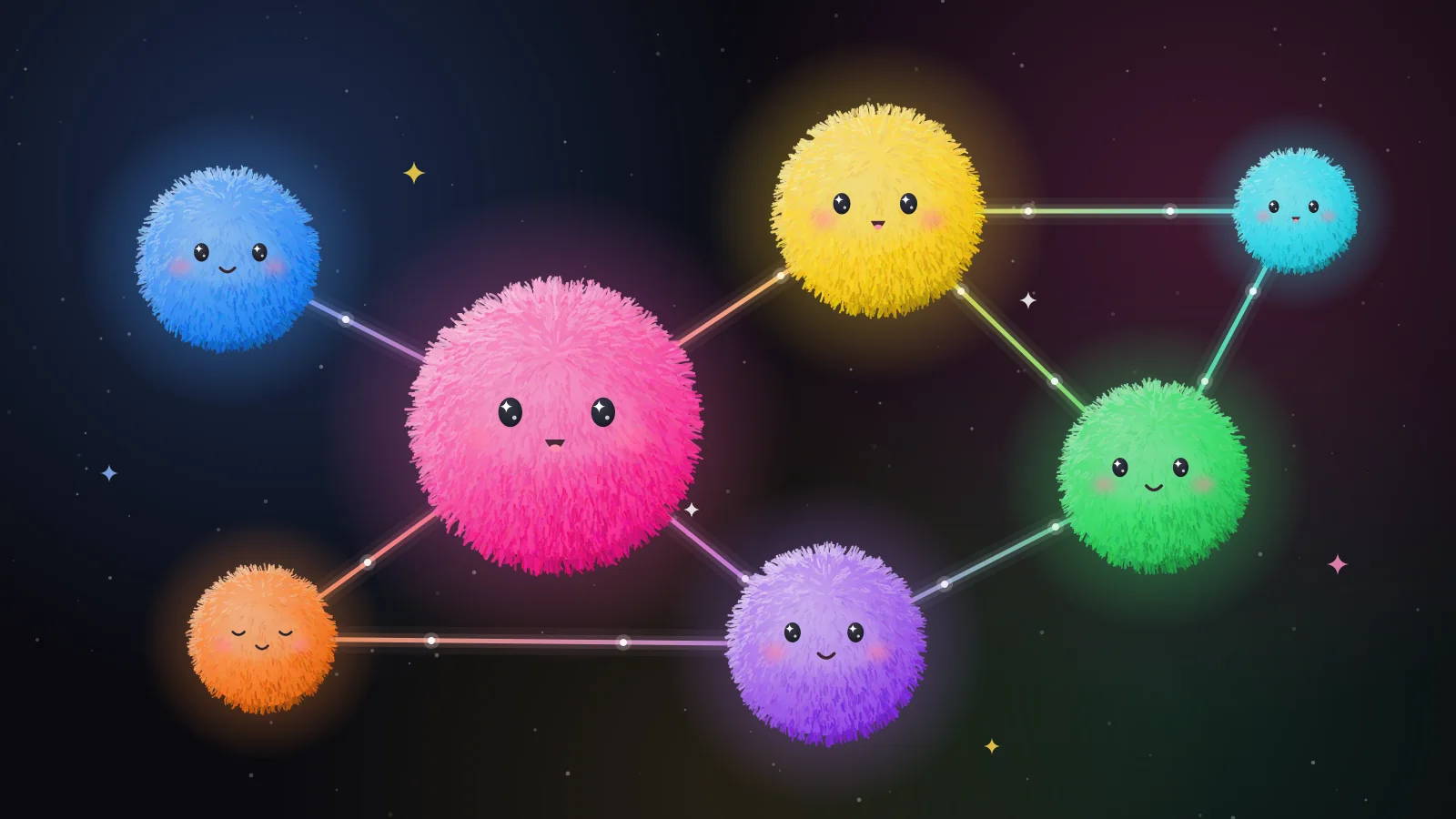 Fuzzy round dots in bright colours, each with a little face, joined to one another by glowing lines like a constellation.