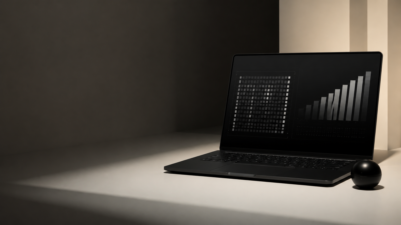 A black laptop showing an abstract automation scoreboard